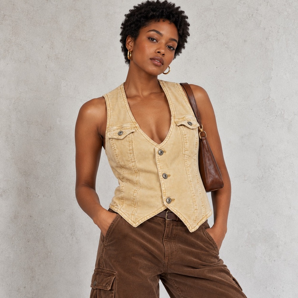 American Eagle Outfitters Sleeveless Womens Button Up Vest Beige Corduroy Small